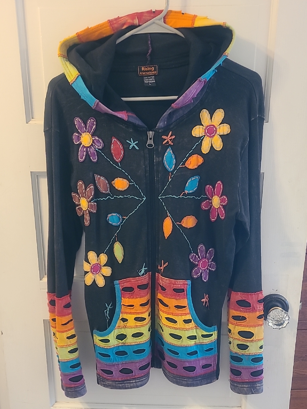 Rising International Black Hoodie with Rainbow Floral Appliqué